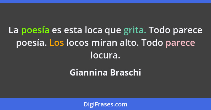 La poesía es esta loca que grita. Todo parece poesía. Los locos miran alto. Todo parece locura.... - Giannina Braschi