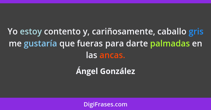 Yo estoy contento y, cariñosamente, caballo gris me gustaría que fueras para darte palmadas en las ancas.... - Ángel González