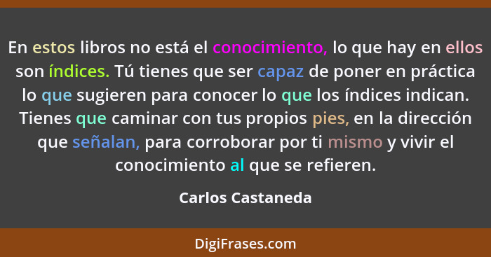 En estos libros no está el conocimiento, lo que hay en ellos son índices. Tú tienes que ser capaz de poner en práctica lo que sugie... - Carlos Castaneda