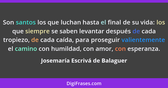 Son santos los que luchan hasta el final de su vida: los que siempre se saben levantar después de cada tropiezo, de ca... - Josemaría Escrivá de Balaguer