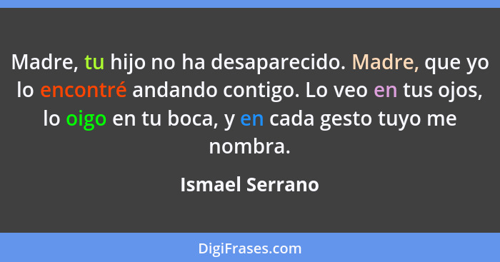 Madre, tu hijo no ha desaparecido. Madre, que yo lo encontré andando contigo. Lo veo en tus ojos, lo oigo en tu boca, y en cada gesto... - Ismael Serrano