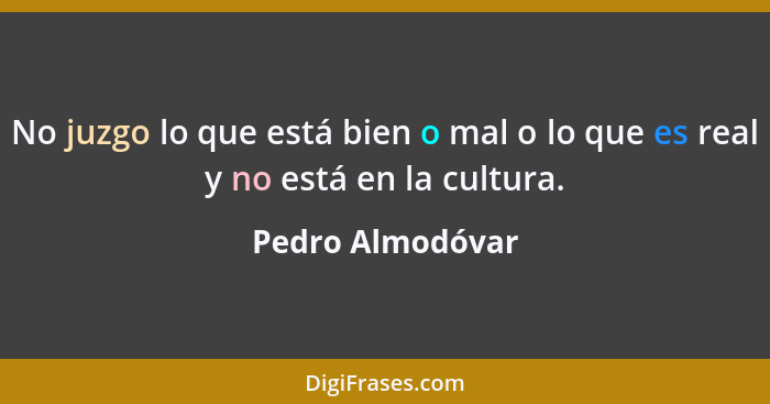 No juzgo lo que está bien o mal o lo que es real y no está en la cultura.... - Pedro Almodóvar