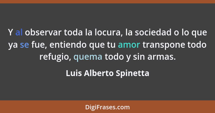 Y al observar toda la locura, la sociedad o lo que ya se fue, entiendo que tu amor transpone todo refugio, quema todo y sin ar... - Luis Alberto Spinetta