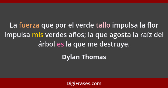 La fuerza que por el verde tallo impulsa la flor impulsa mis verdes años; la que agosta la raíz del árbol es la que me destruye.... - Dylan Thomas