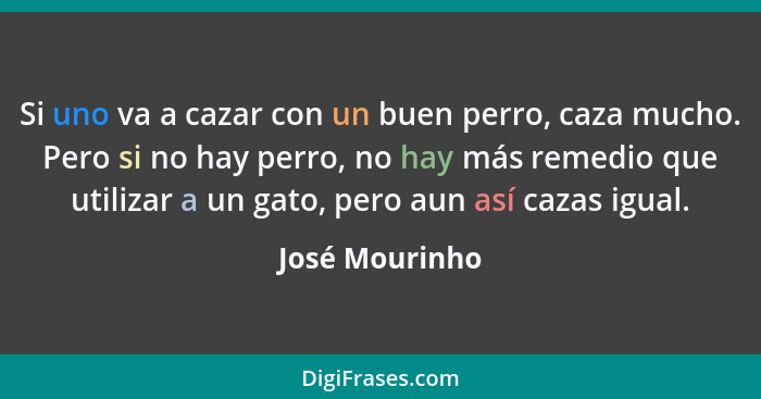 Si uno va a cazar con un buen perro, caza mucho. Pero si no hay perro, no hay más remedio que utilizar a un gato, pero aun así cazas i... - José Mourinho