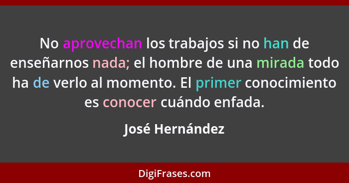 No aprovechan los trabajos si no han de enseñarnos nada; el hombre de una mirada todo ha de verlo al momento. El primer conocimiento... - José Hernández