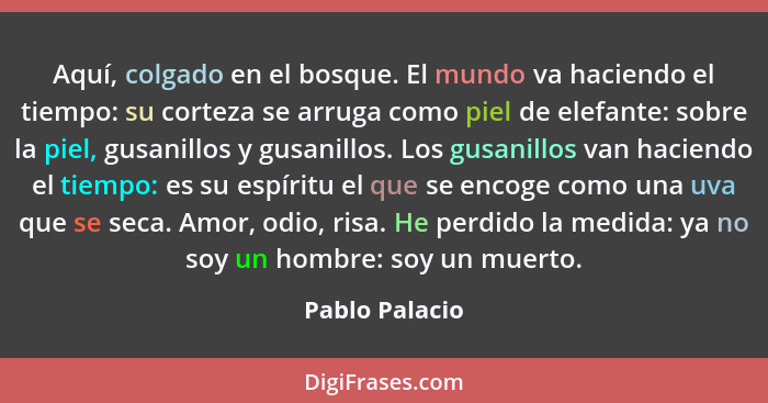 Aquí, colgado en el bosque. El mundo va haciendo el tiempo: su corteza se arruga como piel de elefante: sobre la piel, gusanillos y gu... - Pablo Palacio