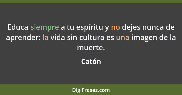 Educa siempre a tu espíritu y no dejes nunca de aprender: la vida sin cultura es una imagen de la muerte.... - Catón