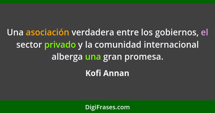 Una asociación verdadera entre los gobiernos, el sector privado y la comunidad internacional alberga una gran promesa.... - Kofi Annan