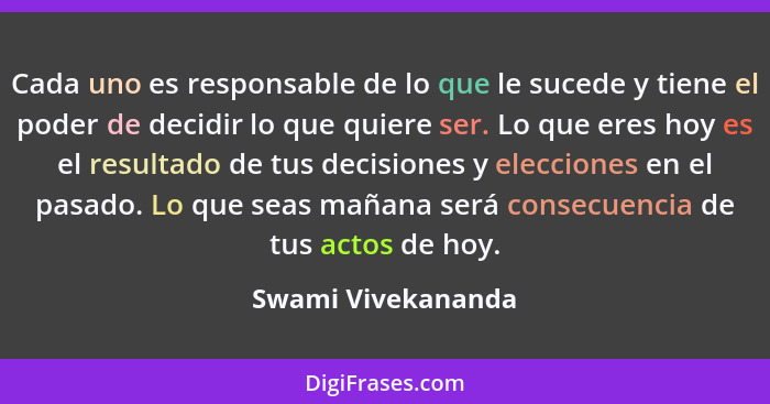 Cada uno es responsable de lo que le sucede y tiene el poder de decidir lo que quiere ser. Lo que eres hoy es el resultado de tus... - Swami Vivekananda