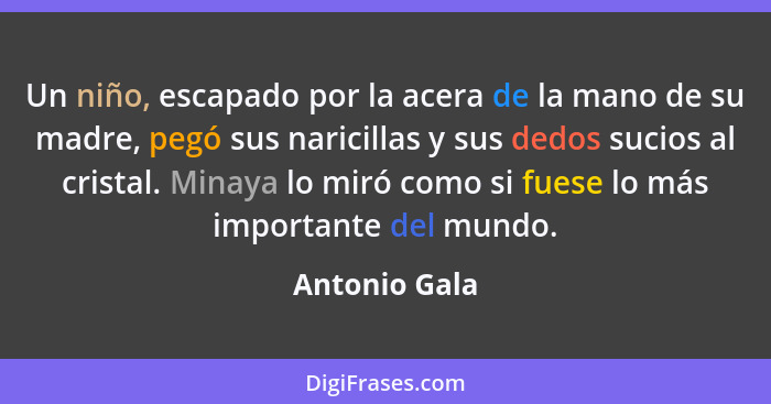 Un niño, escapado por la acera de la mano de su madre, pegó sus naricillas y sus dedos sucios al cristal. Minaya lo miró como si fuese... - Antonio Gala