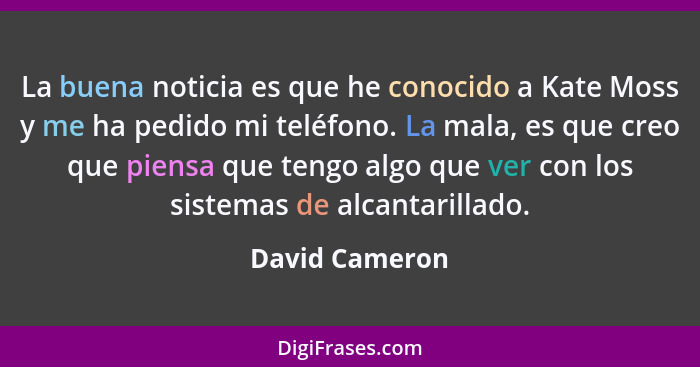 La buena noticia es que he conocido a Kate Moss y me ha pedido mi teléfono. La mala, es que creo que piensa que tengo algo que ver con... - David Cameron