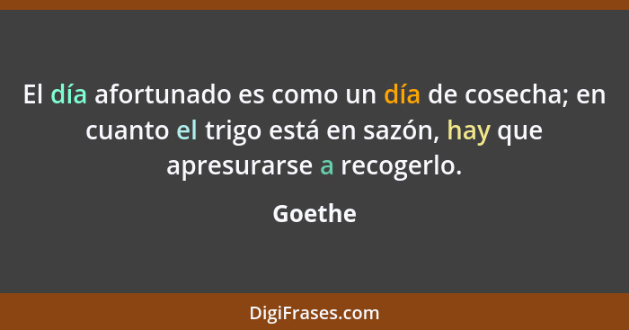 El día afortunado es como un día de cosecha; en cuanto el trigo está en sazón, hay que apresurarse a recogerlo.... - Goethe