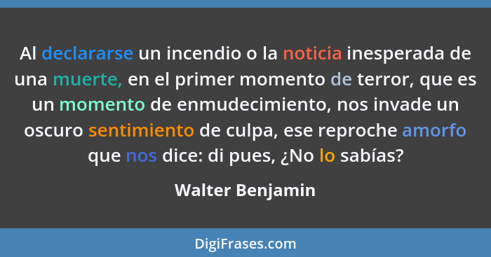 Al declararse un incendio o la noticia inesperada de una muerte, en el primer momento de terror, que es un momento de enmudecimiento... - Walter Benjamin