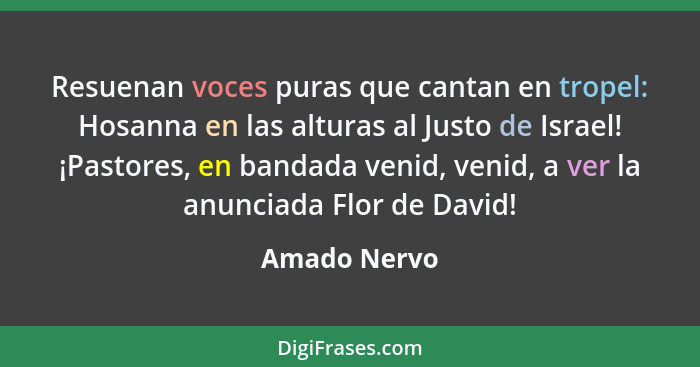 Resuenan voces puras que cantan en tropel: Hosanna en las alturas al Justo de Israel! ¡Pastores, en bandada venid, venid, a ver la anunc... - Amado Nervo