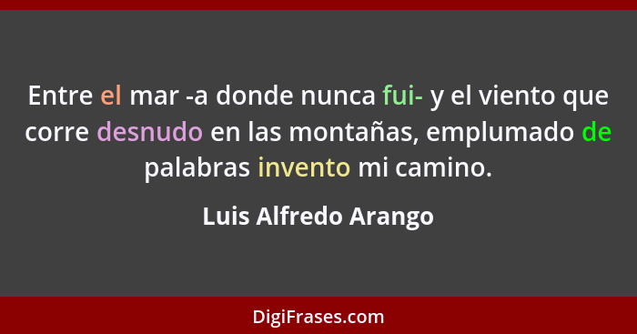 Entre el mar -a donde nunca fui- y el viento que corre desnudo en las montañas, emplumado de palabras invento mi camino.... - Luis Alfredo Arango