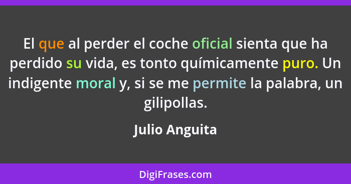 El que al perder el coche oficial sienta que ha perdido su vida, es tonto químicamente puro. Un indigente moral y, si se me permite la... - Julio Anguita