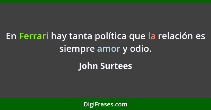 En Ferrari hay tanta política que la relación es siempre amor y odio.... - John Surtees