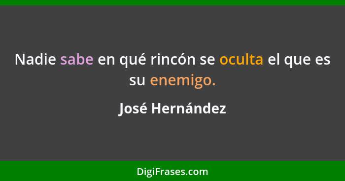 Nadie sabe en qué rincón se oculta el que es su enemigo.... - José Hernández