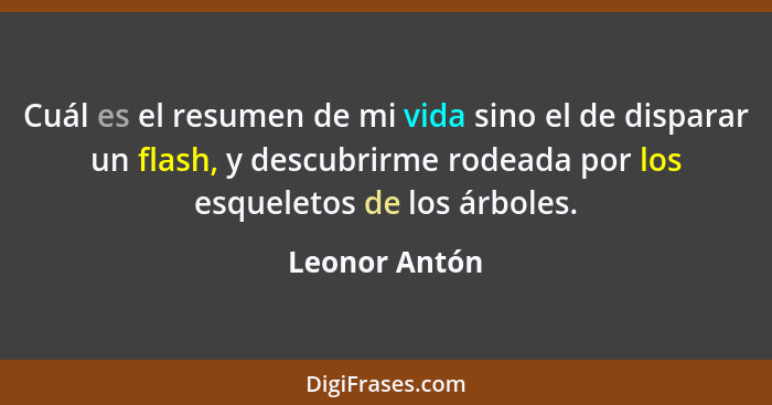 Cuál es el resumen de mi vida sino el de disparar un flash, y descubrirme rodeada por los esqueletos de los árboles.... - Leonor Antón