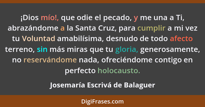 ¡Dios mío!, que odie el pecado, y me una a Ti, abrazándome a la Santa Cruz, para cumplir a mi vez tu Voluntad amabilís... - Josemaría Escrivá de Balaguer