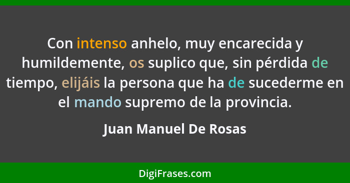 Con intenso anhelo, muy encarecida y humildemente, os suplico que, sin pérdida de tiempo, elijáis la persona que ha de sucederm... - Juan Manuel De Rosas