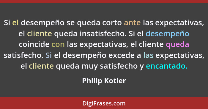 Si el desempeño se queda corto ante las expectativas, el cliente queda insatisfecho. Si el desempeño coincide con las expectativas, el... - Philip Kotler