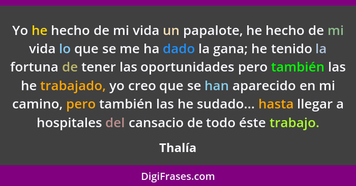 Yo he hecho de mi vida un papalote, he hecho de mi vida lo que se me ha dado la gana; he tenido la fortuna de tener las oportunidades pero ta... - Thalía