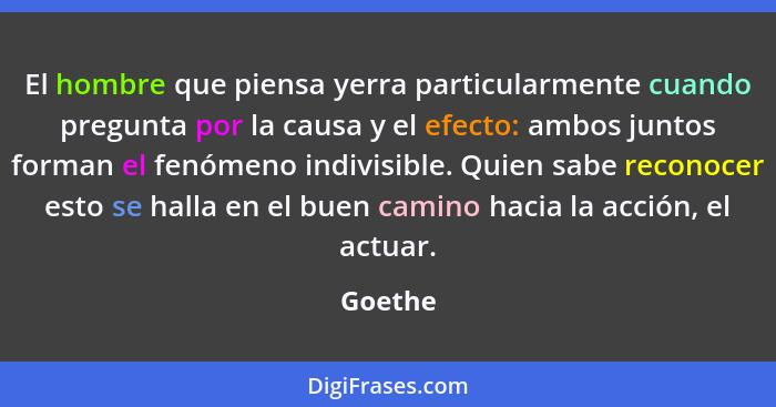 El hombre que piensa yerra particularmente cuando pregunta por la causa y el efecto: ambos juntos forman el fenómeno indivisible. Quien sabe... - Goethe