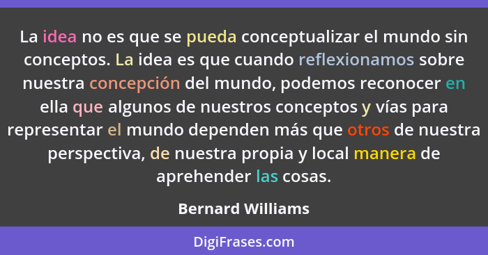 La idea no es que se pueda conceptualizar el mundo sin conceptos. La idea es que cuando reflexionamos sobre nuestra concepción del... - Bernard Williams