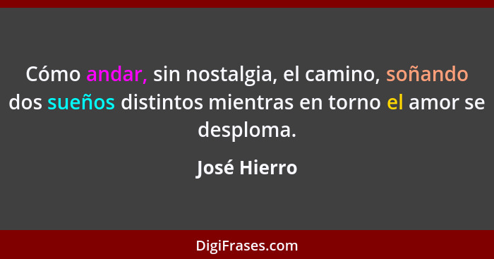 Cómo andar, sin nostalgia, el camino, soñando dos sueños distintos mientras en torno el amor se desploma.... - José Hierro