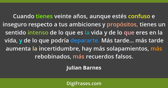 Cuando tienes veinte años, aunque estés confuso e inseguro respecto a tus ambiciones y propósitos, tienes un sentido intenso de lo que... - Julian Barnes