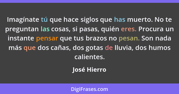 Imagínate tú que hace siglos que has muerto. No te preguntan las cosas, si pasas, quién eres. Procura un instante pensar que tus brazos... - José Hierro