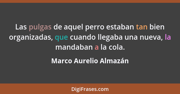 Las pulgas de aquel perro estaban tan bien organizadas, que cuando llegaba una nueva, la mandaban a la cola.... - Marco Aurelio Almazán