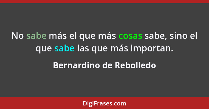 No sabe más el que más cosas sabe, sino el que sabe las que más importan.... - Bernardino de Rebolledo