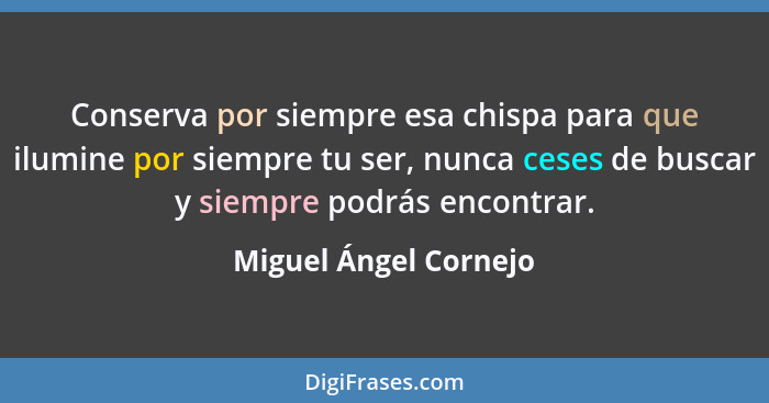 Conserva por siempre esa chispa para que ilumine por siempre tu ser, nunca ceses de buscar y siempre podrás encontrar.... - Miguel Ángel Cornejo