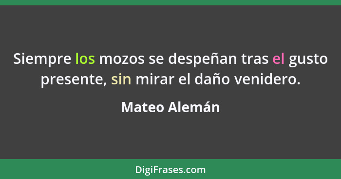 Siempre los mozos se despeñan tras el gusto presente, sin mirar el daño venidero.... - Mateo Alemán