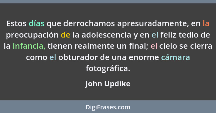 Estos días que derrochamos apresuradamente, en la preocupación de la adolescencia y en el feliz tedio de la infancia, tienen realmente u... - John Updike
