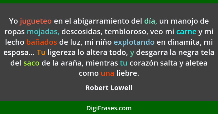 Yo jugueteo en el abigarramiento del día, un manojo de ropas mojadas, descosidas, tembloroso, veo mi carne y mi lecho bañados de luz,... - Robert Lowell