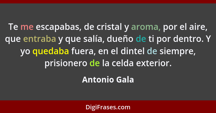 Te me escapabas, de cristal y aroma, por el aire, que entraba y que salía, dueño de ti por dentro. Y yo quedaba fuera, en el dintel de... - Antonio Gala