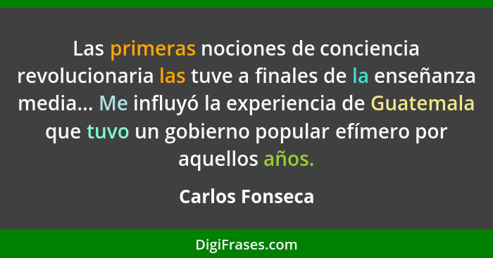 Las primeras nociones de conciencia revolucionaria las tuve a finales de la enseñanza media... Me influyó la experiencia de Guatemala... - Carlos Fonseca