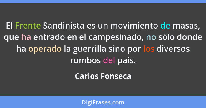 El Frente Sandinista es un movimiento de masas, que ha entrado en el campesinado, no sólo donde ha operado la guerrilla sino por los... - Carlos Fonseca