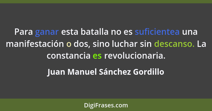 Para ganar esta batalla no es suficientea una manifestación o dos, sino luchar sin descanso. La constancia es revolucio... - Juan Manuel Sánchez Gordillo