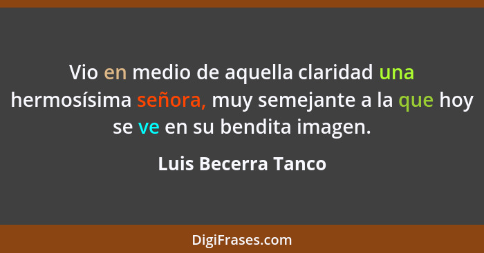 Vio en medio de aquella claridad una hermosísima señora, muy semejante a la que hoy se ve en su bendita imagen.... - Luis Becerra Tanco