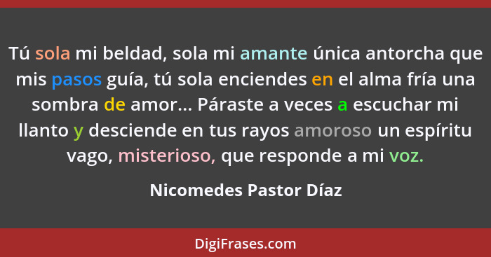 Tú sola mi beldad, sola mi amante única antorcha que mis pasos guía, tú sola enciendes en el alma fría una sombra de amor... P... - Nicomedes Pastor Díaz