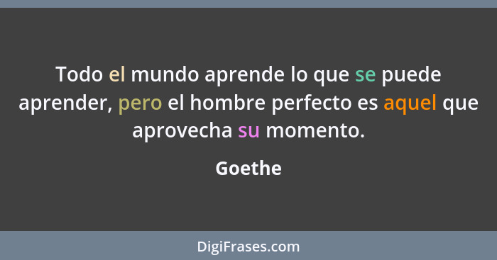 Todo el mundo aprende lo que se puede aprender, pero el hombre perfecto es aquel que aprovecha su momento.... - Goethe
