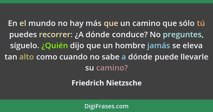 En el mundo no hay más que un camino que sólo tú puedes recorrer: ¿A dónde conduce? No preguntes, síguelo. ¿Quién dijo que un ho... - Friedrich Nietzsche