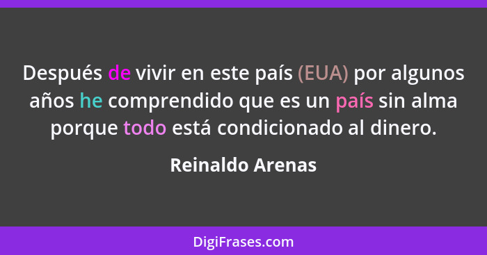 Después de vivir en este país (EUA) por algunos años he comprendido que es un país sin alma porque todo está condicionado al dinero.... - Reinaldo Arenas