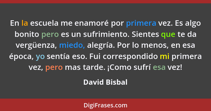 En la escuela me enamoré por primera vez. Es algo bonito pero es un sufrimiento. Sientes que te da vergüenza, miedo, alegría. Por lo me... - David Bisbal