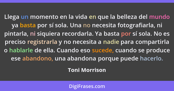 Llega un momento en la vida en que la belleza del mundo ya basta por sí sola. Una no necesita fotografiarla, ni pintarla, ni siquiera... - Toni Morrison